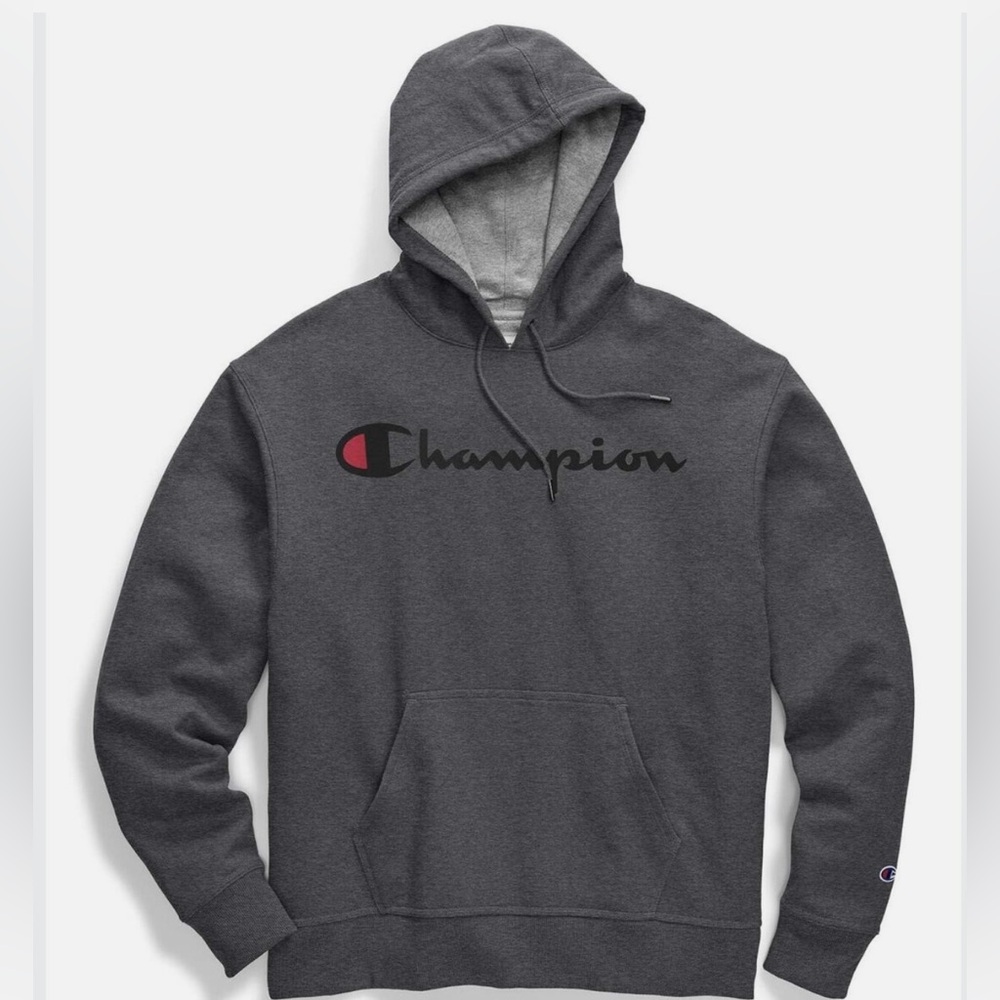 Champion Big Logo Script Powerblend Granite Gray Pullover Sweatshirt Hoodie S